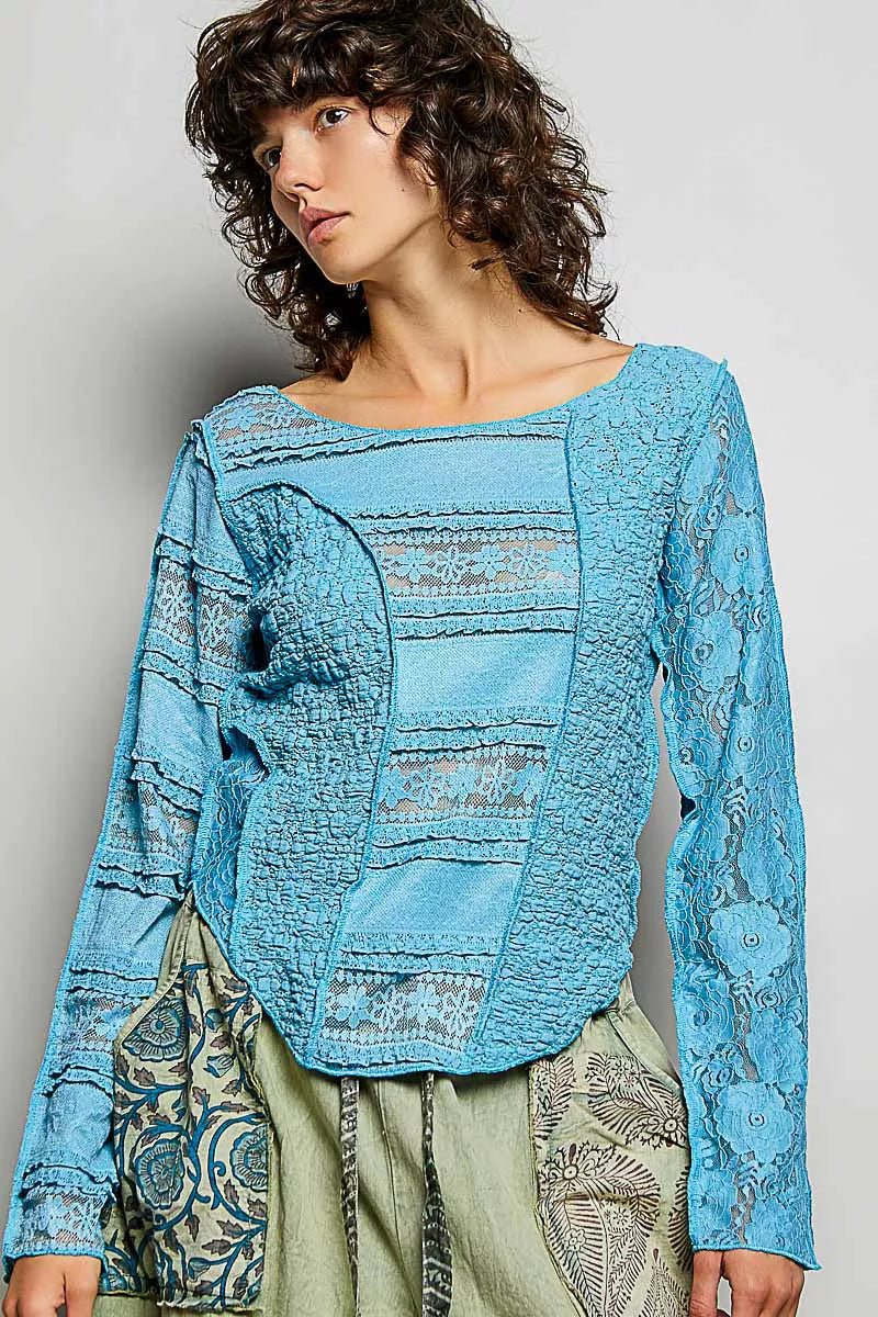 POL Round Neck Long Sleeve Exposed Seam Top with Lace Detail - Bitsy Gypsy Boutique