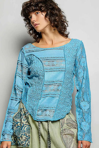 POL Round Neck Long Sleeve Exposed Seam Top with Lace Detail - Bitsy Gypsy Boutique
