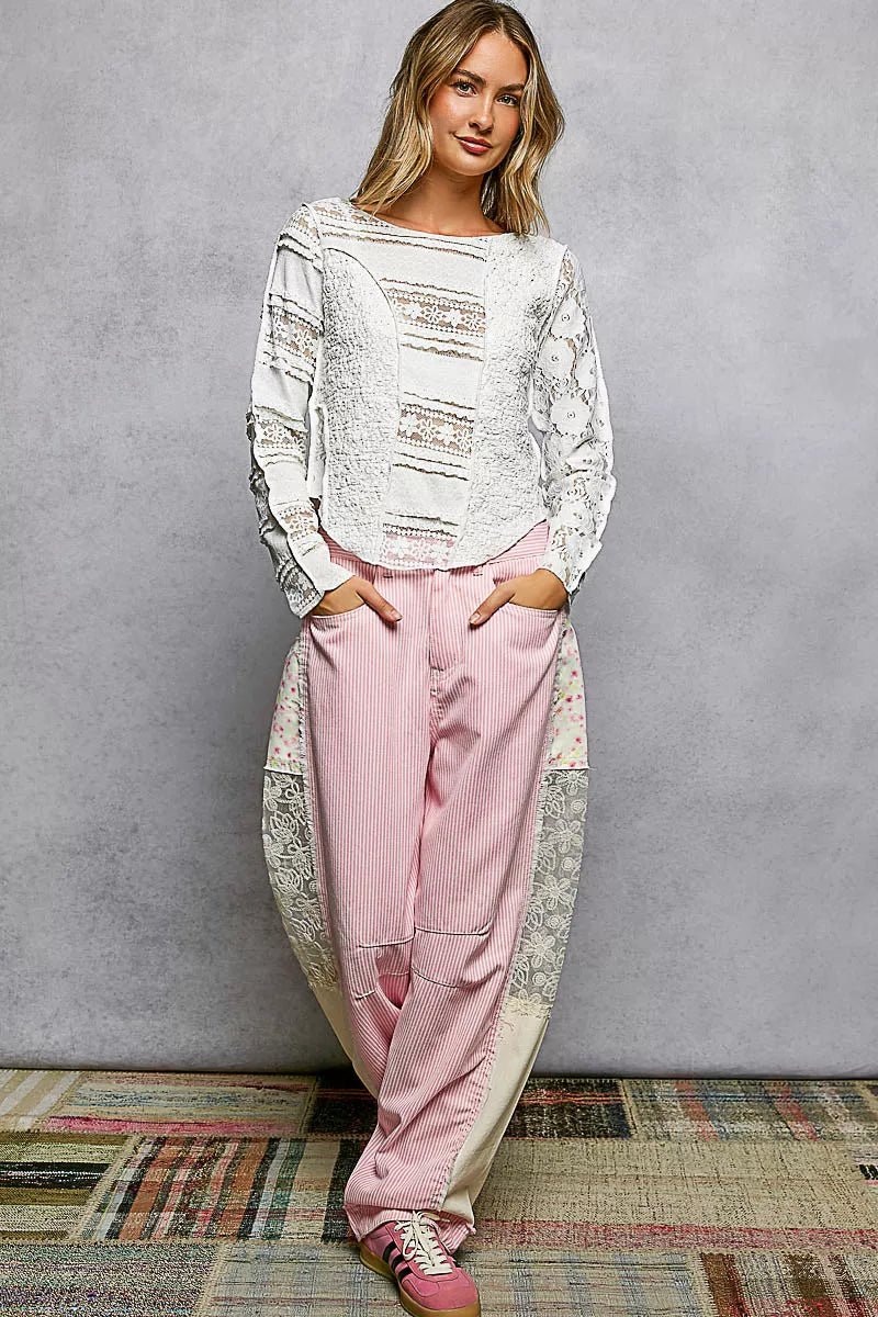 POL Round Neck Long Sleeve Exposed Seam Top with Lace Detail - Bitsy Gypsy Boutique