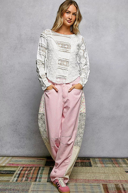 POL Round Neck Long Sleeve Exposed Seam Top with Lace Detail - Bitsy Gypsy Boutique