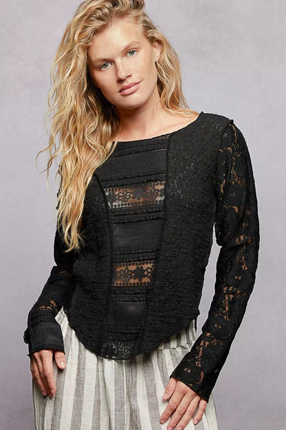 POL Round Neck Long Sleeve Exposed Seam Top with Lace Detail - Bitsy Gypsy Boutique