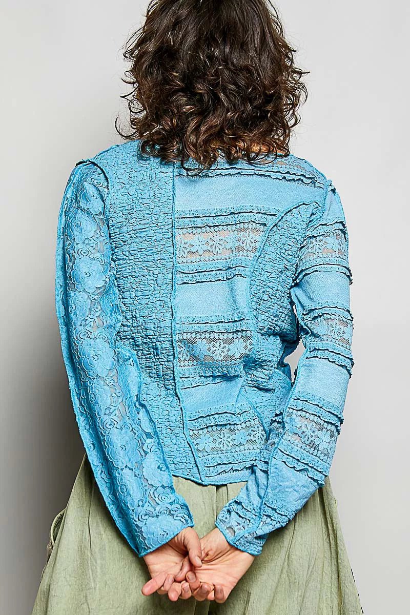 POL Round Neck Long Sleeve Exposed Seam Top with Lace Detail - Bitsy Gypsy Boutique