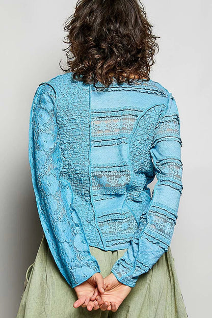 POL Round Neck Long Sleeve Exposed Seam Top with Lace Detail - Bitsy Gypsy Boutique