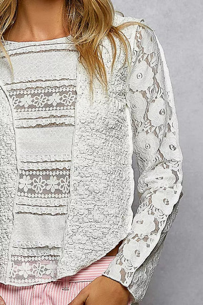 POL Round Neck Long Sleeve Exposed Seam Top with Lace Detail - Bitsy Gypsy Boutique