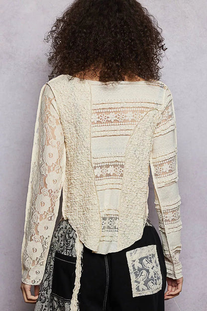 POL Round Neck Long Sleeve Exposed Seam Top with Lace Detail - Bitsy Gypsy Boutique