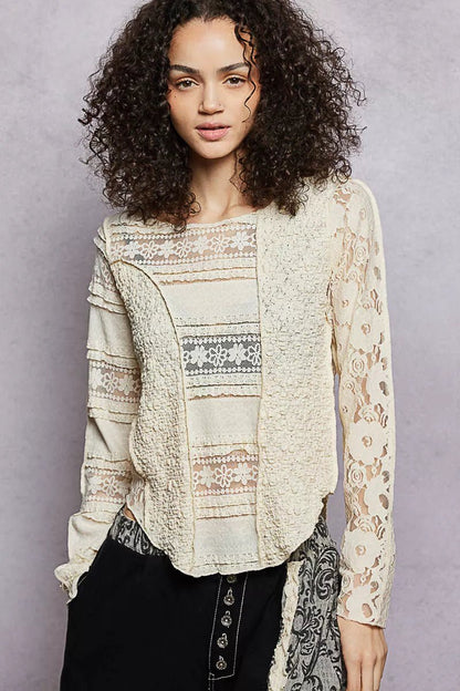 POL Round Neck Long Sleeve Exposed Seam Top with Lace Detail - Bitsy Gypsy Boutique