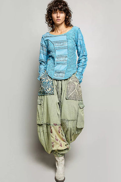 POL Round Neck Long Sleeve Exposed Seam Top with Lace Detail - Bitsy Gypsy Boutique