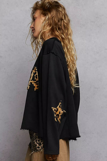 POL Round Neck Long Sleeve French Terry Sweatshirt with USA Letter Animal Patch - Bitsy Gypsy Boutique