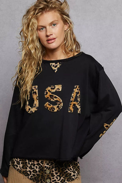POL Round Neck Long Sleeve French Terry Sweatshirt with USA Letter Animal Patch - Bitsy Gypsy Boutique