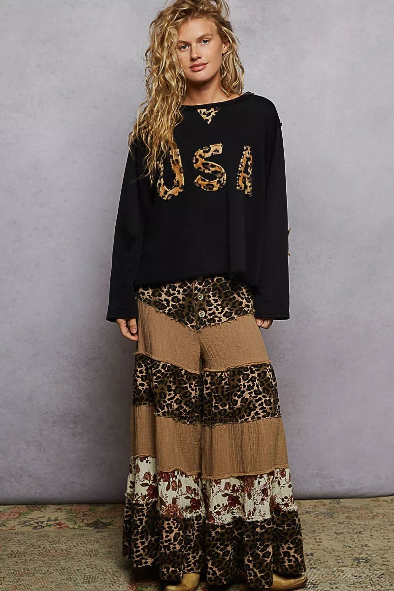 POL Round Neck Long Sleeve French Terry Sweatshirt with USA Letter Animal Patch - Bitsy Gypsy Boutique