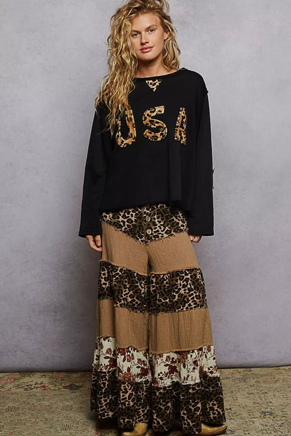 POL Round Neck Long Sleeve French Terry Sweatshirt with USA Letter Animal Patch - Bitsy Gypsy Boutique