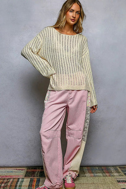 POL Round Neck Long Sleeve Open Weave Sweater - Bitsy Gypsy Boutique