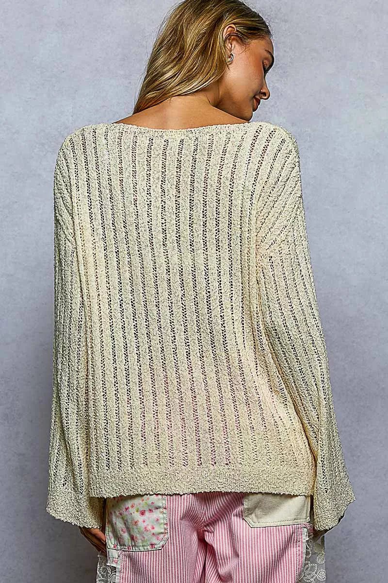 POL Round Neck Long Sleeve Open Weave Sweater - Bitsy Gypsy Boutique