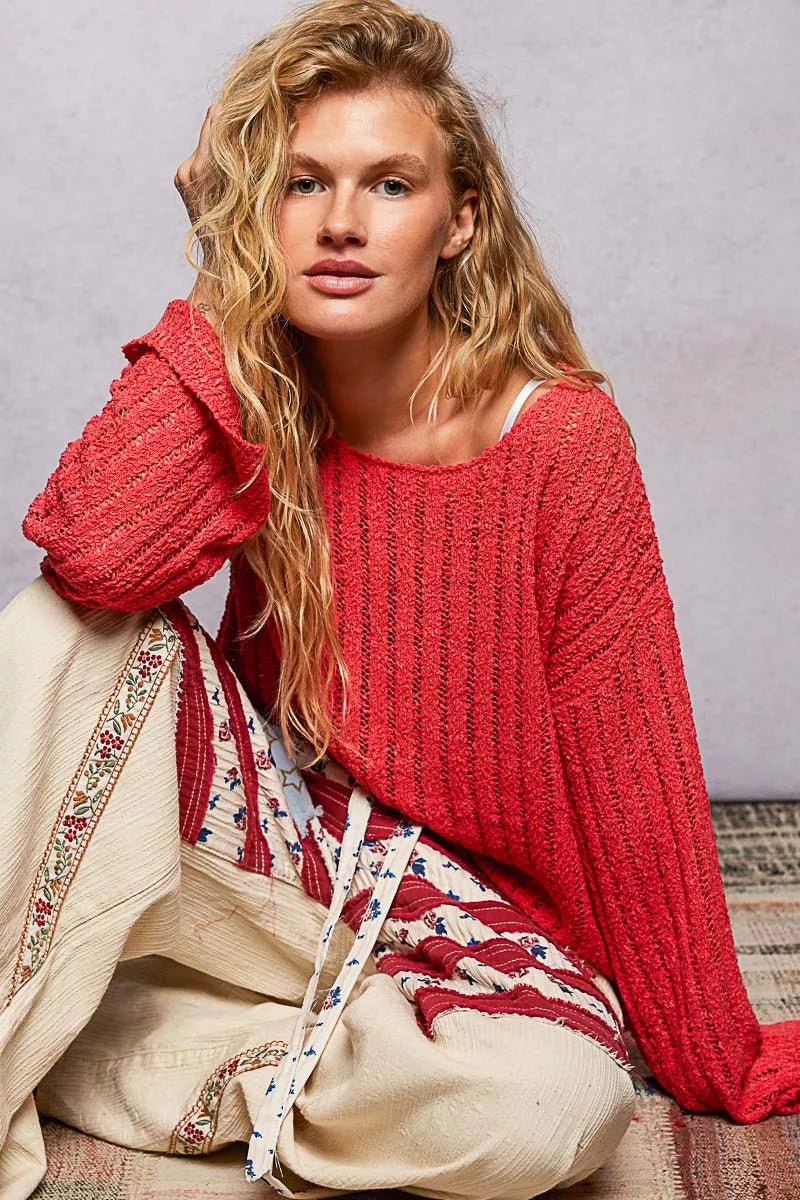 POL Round Neck Long Sleeve Open Weave Sweater - Bitsy Gypsy Boutique