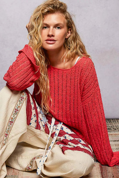 POL Round Neck Long Sleeve Open Weave Sweater - Bitsy Gypsy Boutique