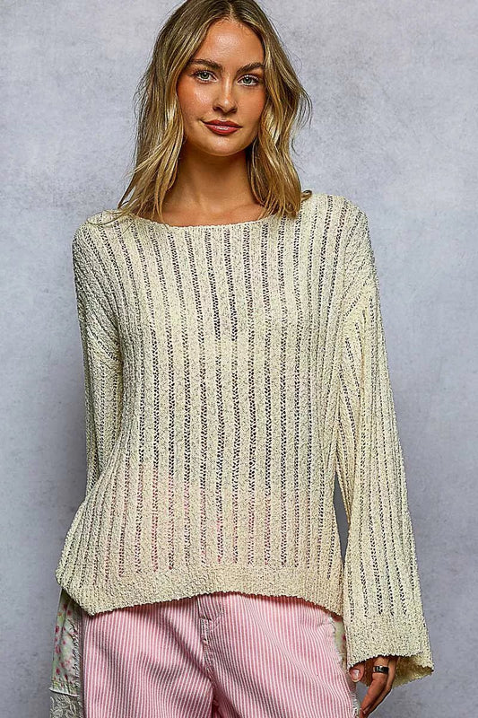 POL Round Neck Long Sleeve Open Weave Sweater - Bitsy Gypsy Boutique