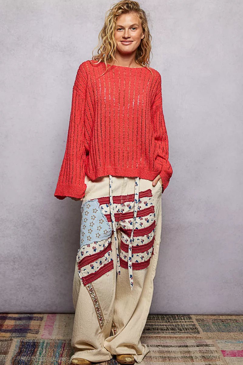POL Round Neck Long Sleeve Open Weave Sweater - Bitsy Gypsy Boutique
