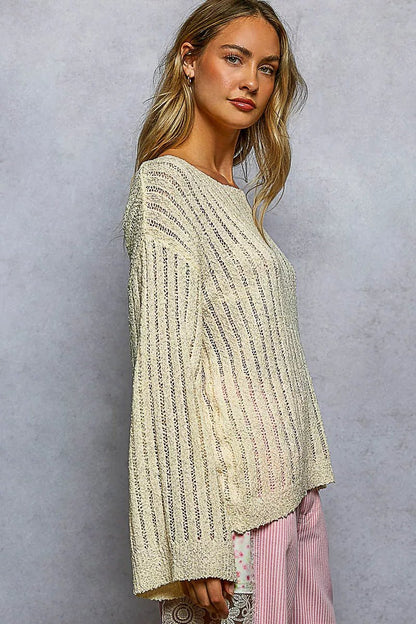 POL Round Neck Long Sleeve Open Weave Sweater - Bitsy Gypsy Boutique