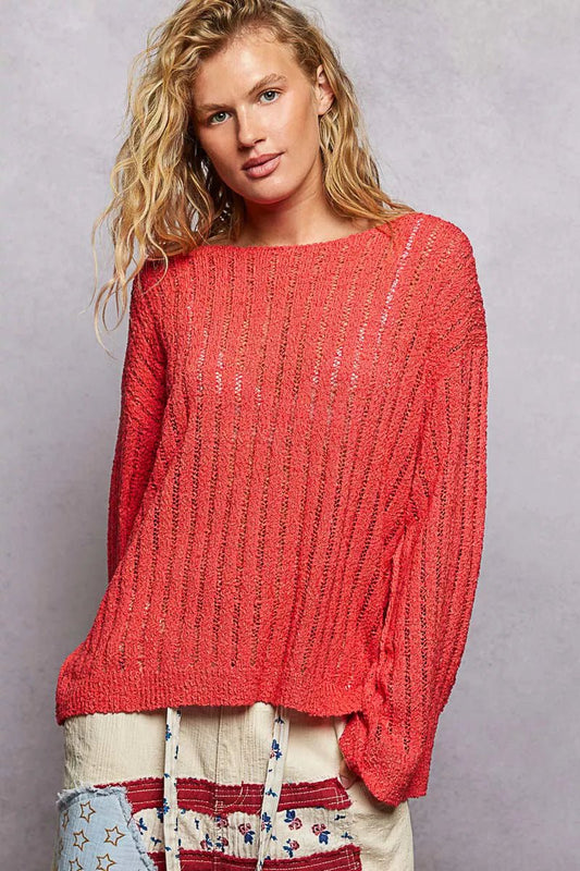 POL Round Neck Long Sleeve Open Weave Sweater - Bitsy Gypsy Boutique