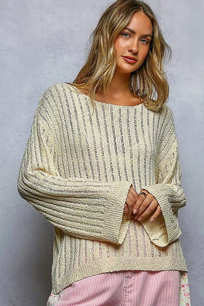 POL Round Neck Long Sleeve Open Weave Sweater - Bitsy Gypsy Boutique
