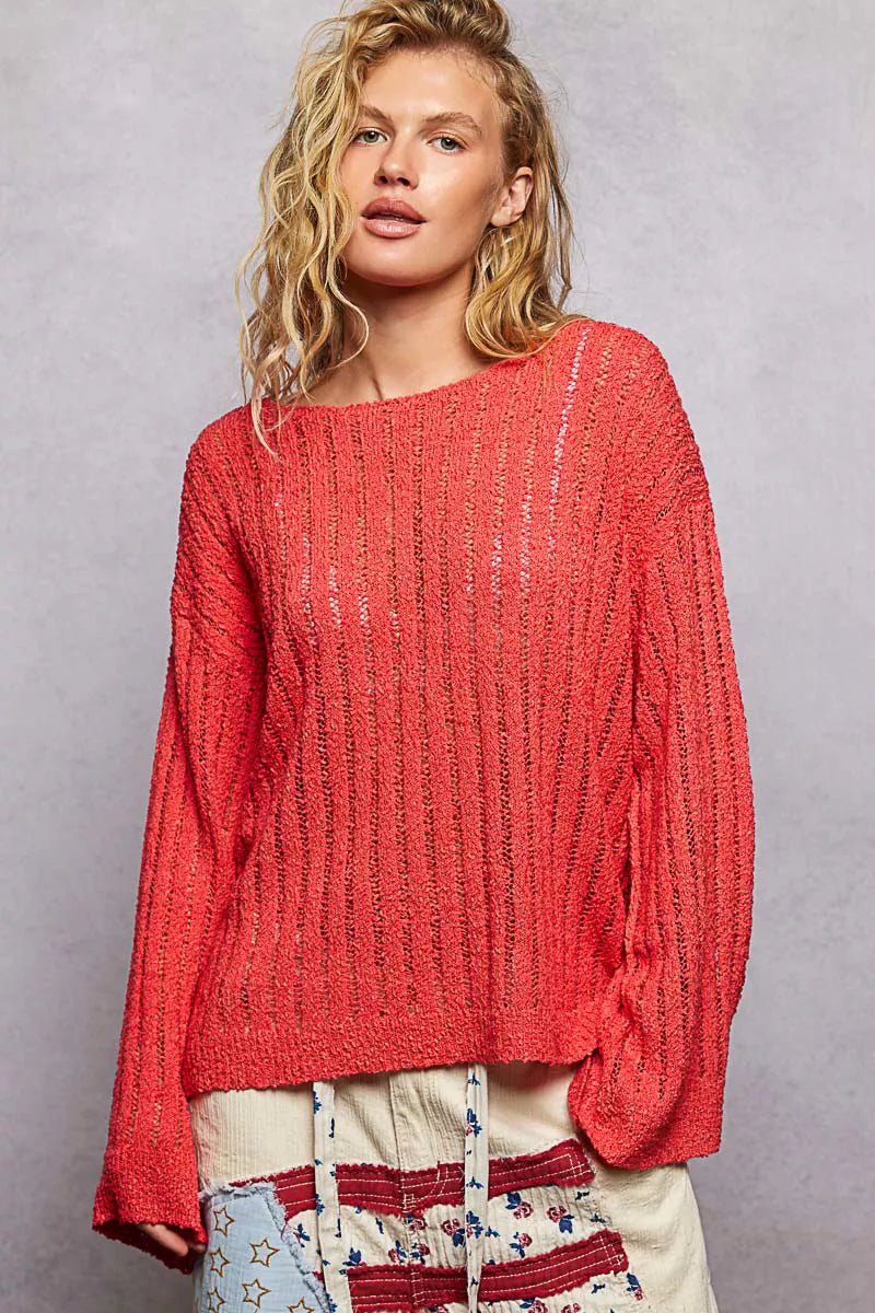 POL Round Neck Long Sleeve Open Weave Sweater - Bitsy Gypsy Boutique