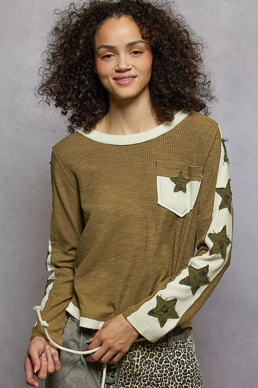 POL Round Neck Long Sleever T-Shirt with Star Patch - Bitsy Gypsy Boutique