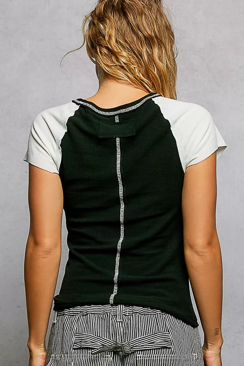 POL Round Neck Outseam Detail T-Shirt with Contrast Color Sleeves - Bitsy Gypsy Boutique