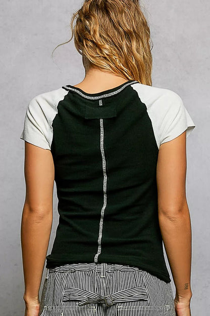 POL Round Neck Outseam Detail T-Shirt with Contrast Color Sleeves - Bitsy Gypsy Boutique