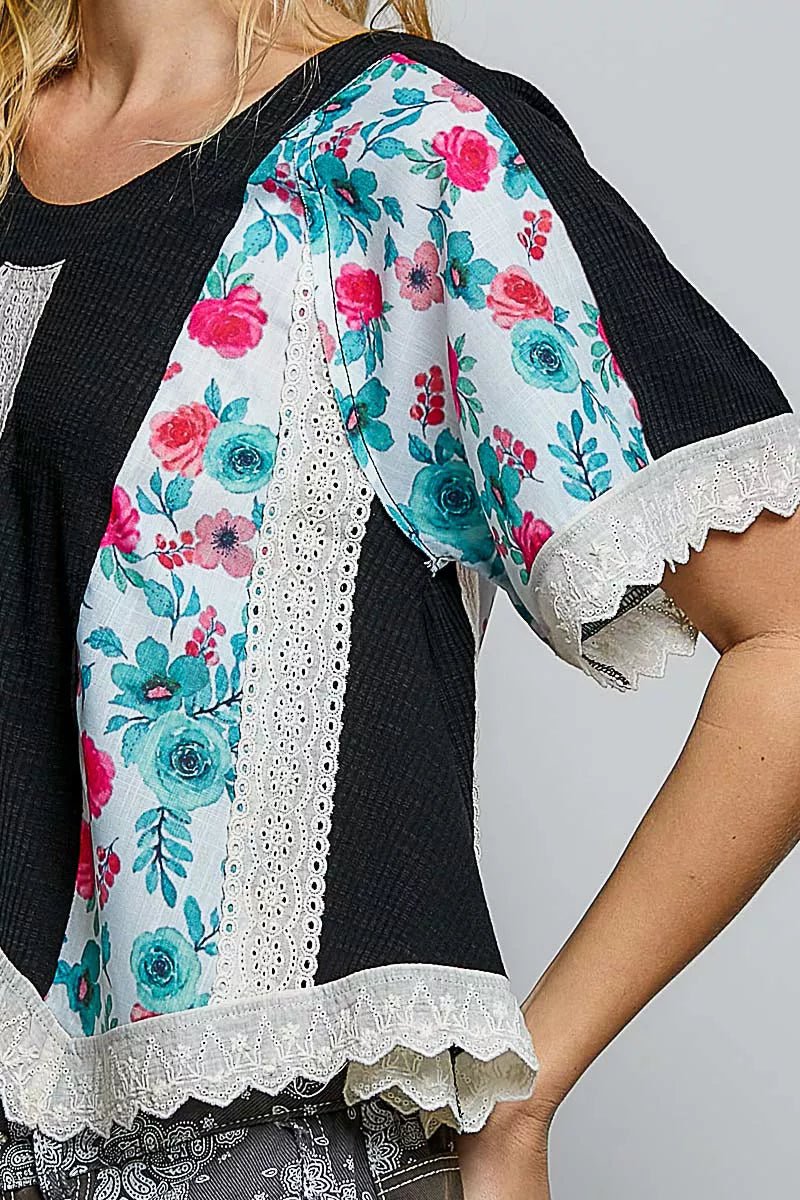 POL Round Neck Ribbed Cropped Top with Lace Detail - Bitsy Gypsy Boutique