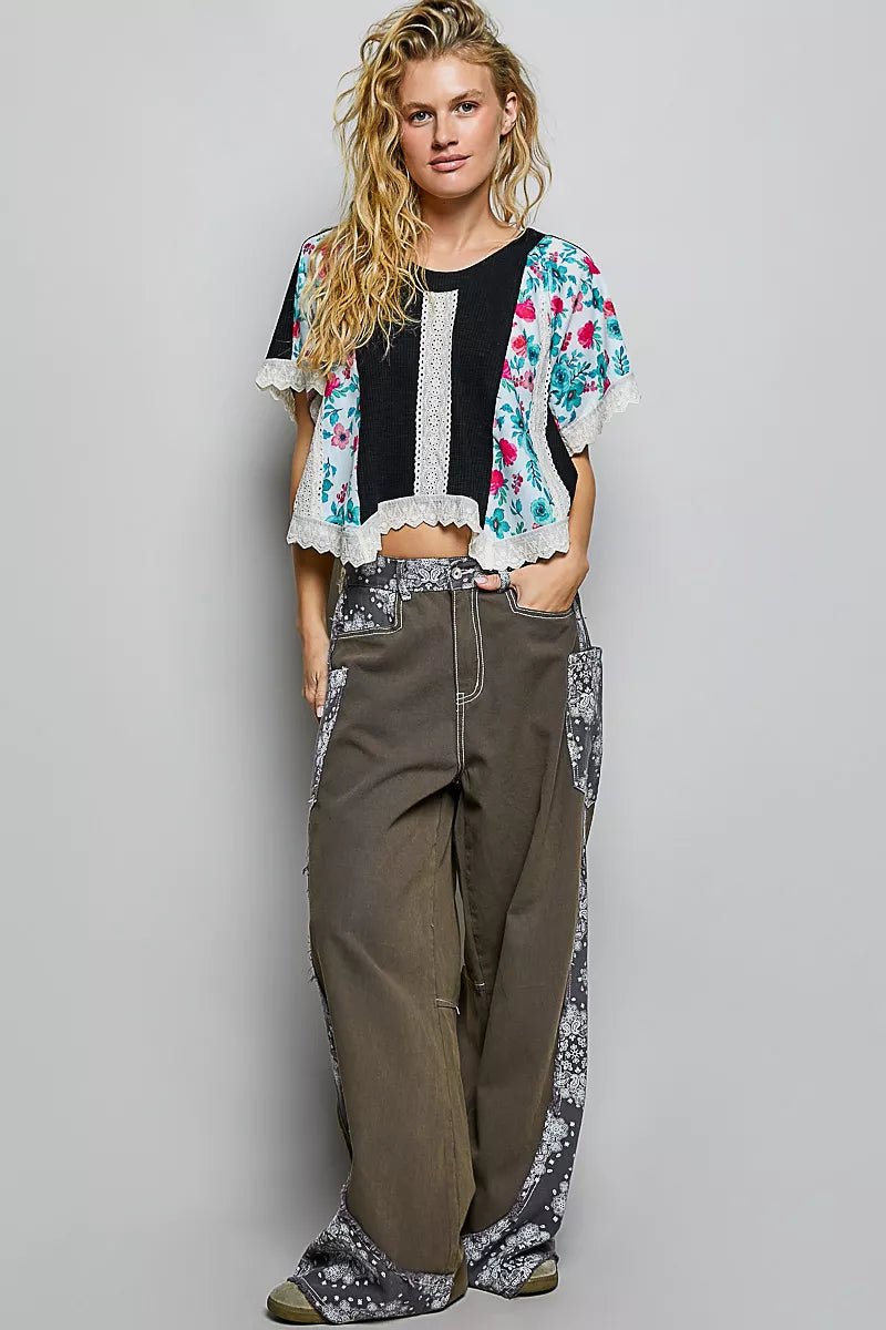 POL Round Neck Ribbed Cropped Top with Lace Detail - Bitsy Gypsy Boutique