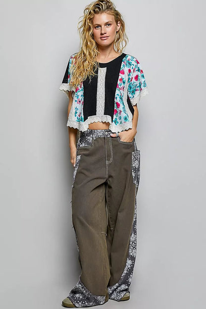 POL Round Neck Ribbed Cropped Top with Lace Detail - Bitsy Gypsy Boutique