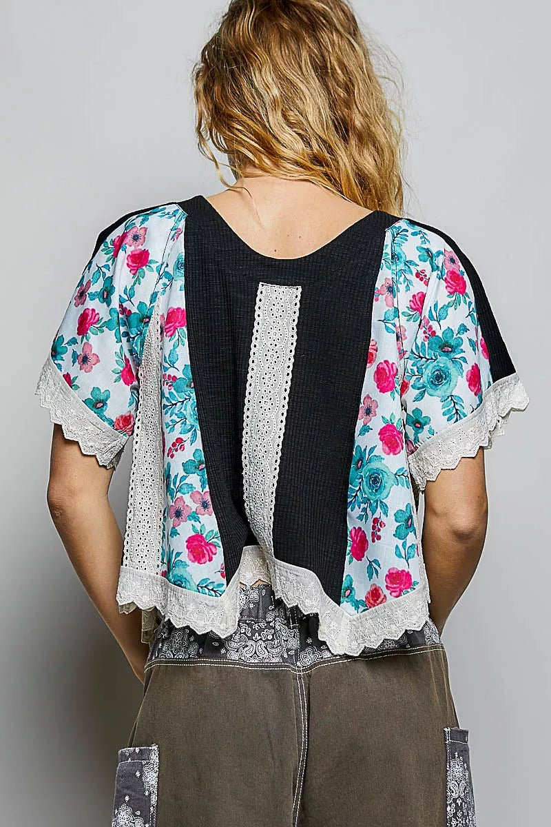 POL Round Neck Ribbed Cropped Top with Lace Detail - Bitsy Gypsy Boutique