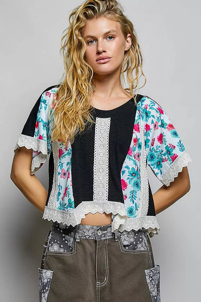 POL Round Neck Ribbed Cropped Top with Lace Detail - Bitsy Gypsy Boutique