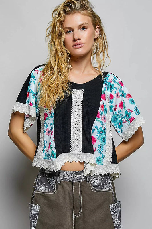 POL Round Neck Ribbed Cropped Top with Lace Detail - Bitsy Gypsy Boutique