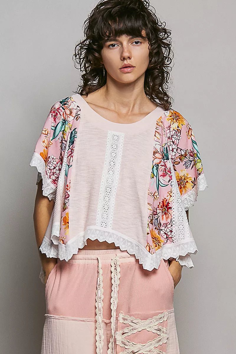 POL Round Neck Ribbed Cropped Top with Lace Detail - Bitsy Gypsy Boutique