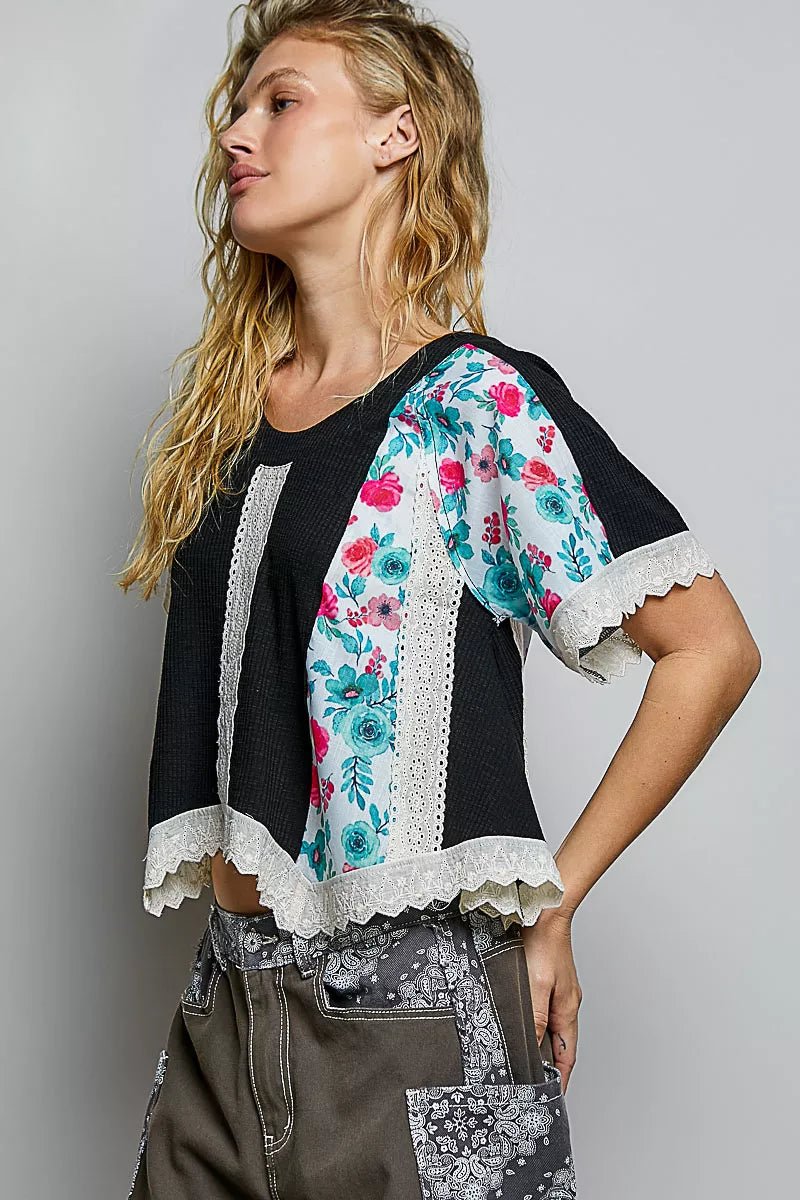 POL Round Neck Ribbed Cropped Top with Lace Detail - Bitsy Gypsy Boutique