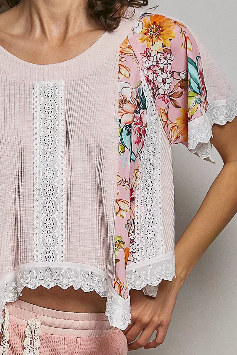 POL Round Neck Ribbed Cropped Top with Lace Detail - Bitsy Gypsy Boutique