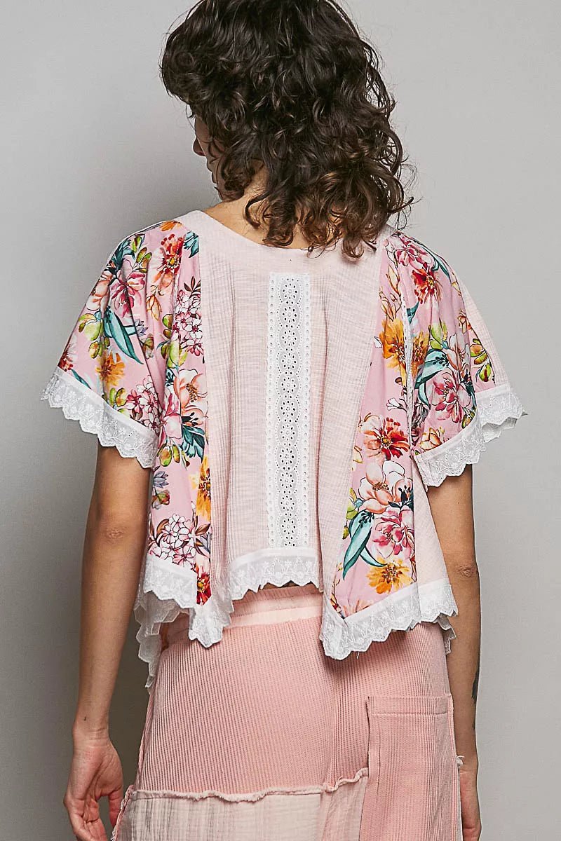 POL Round Neck Ribbed Cropped Top with Lace Detail - Bitsy Gypsy Boutique