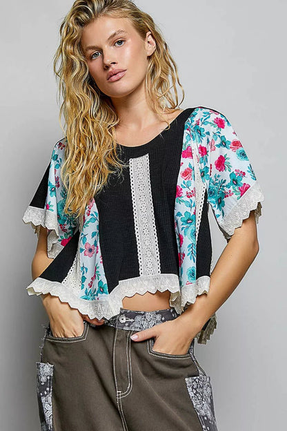 POL Round Neck Ribbed Cropped Top with Lace Detail - Bitsy Gypsy Boutique