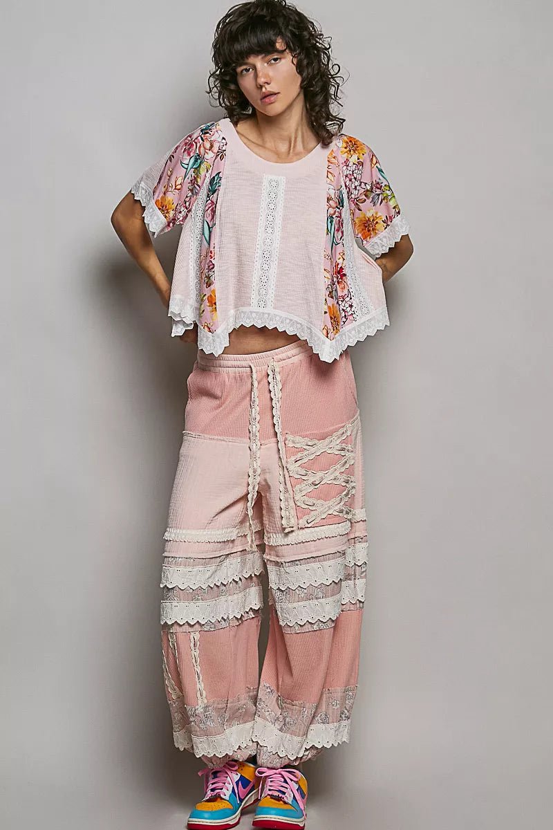 POL Round Neck Ribbed Cropped Top with Lace Detail - Bitsy Gypsy Boutique