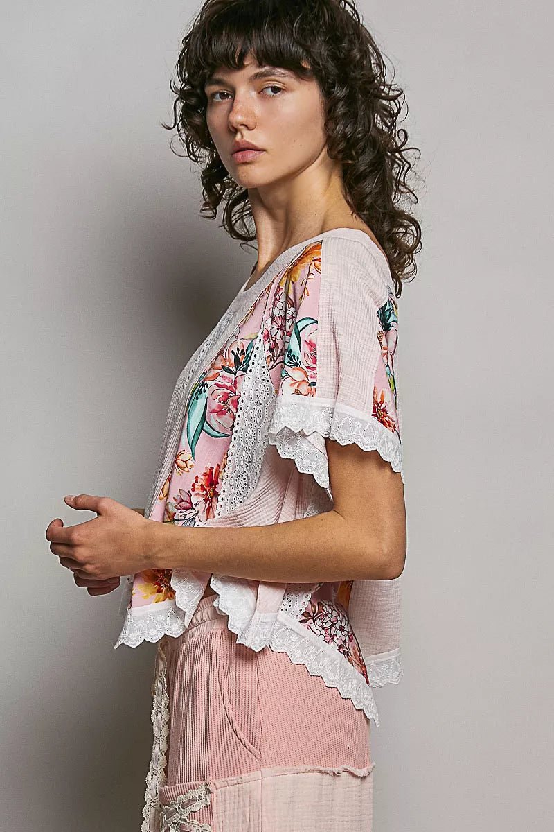 POL Round Neck Ribbed Cropped Top with Lace Detail - Bitsy Gypsy Boutique