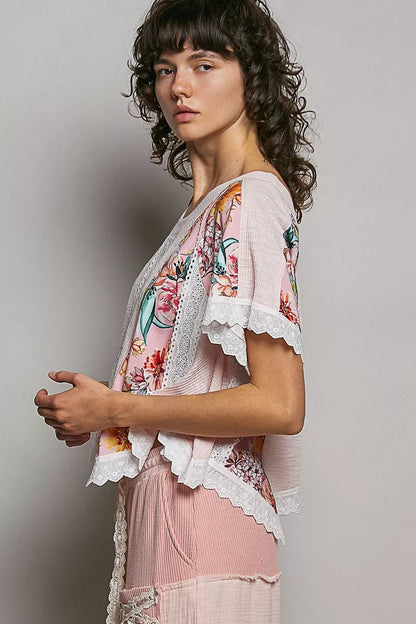POL Round Neck Ribbed Cropped Top with Lace Detail - Bitsy Gypsy Boutique