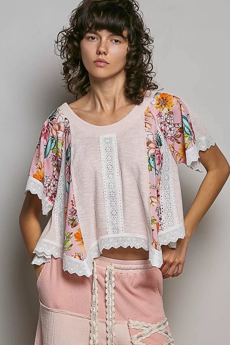 POL Round Neck Ribbed Cropped Top with Lace Detail - Bitsy Gypsy Boutique
