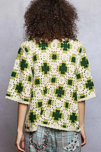 POL Round Neck Short Sleeve Color Pattern Crochet Top with Border Accents - Bitsy Gypsy Boutique