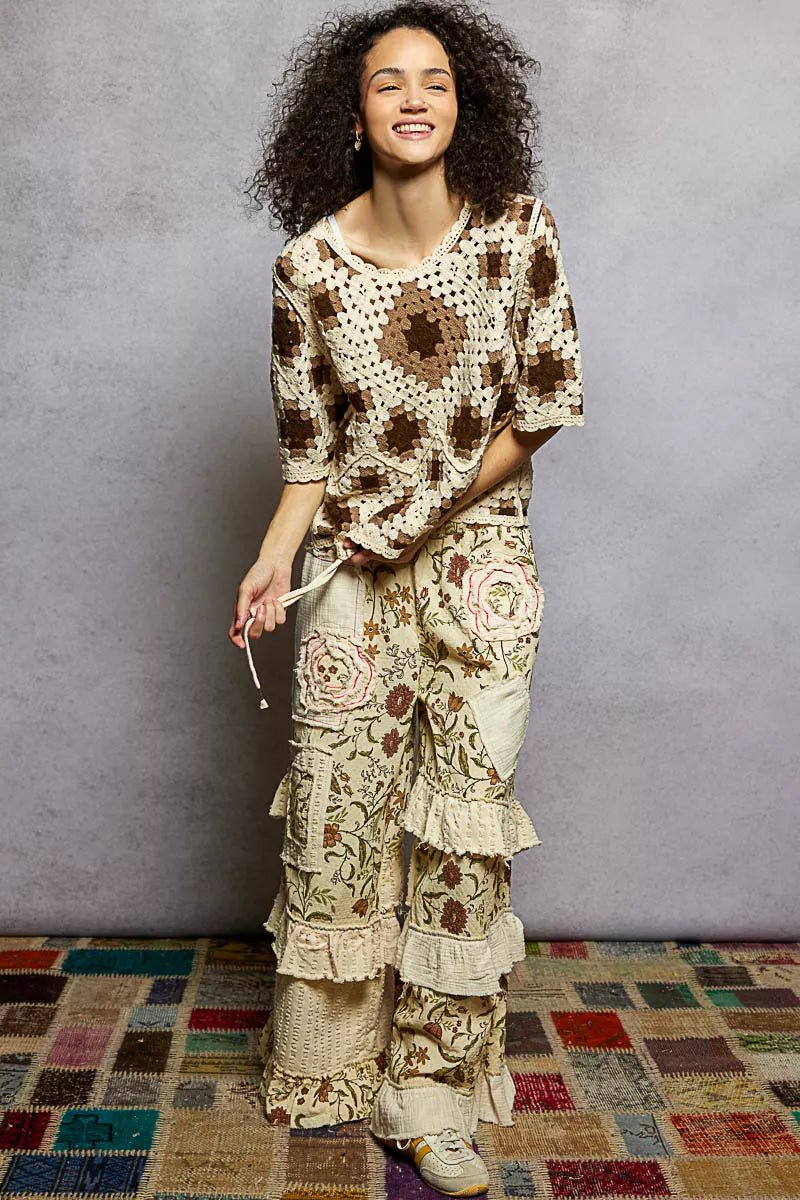 POL Round Neck Short Sleeve Color Pattern Crochet Top with Border Accents - Bitsy Gypsy Boutique