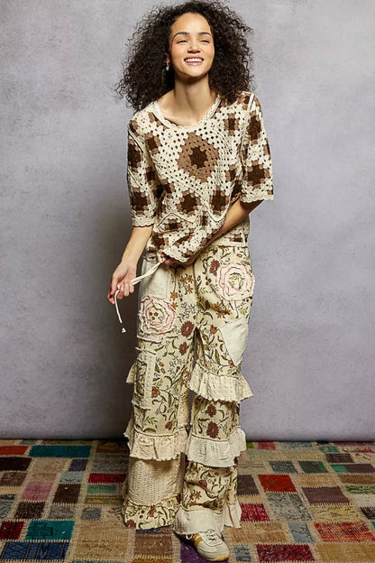 POL Round Neck Short Sleeve Color Pattern Crochet Top with Border Accents - Bitsy Gypsy Boutique