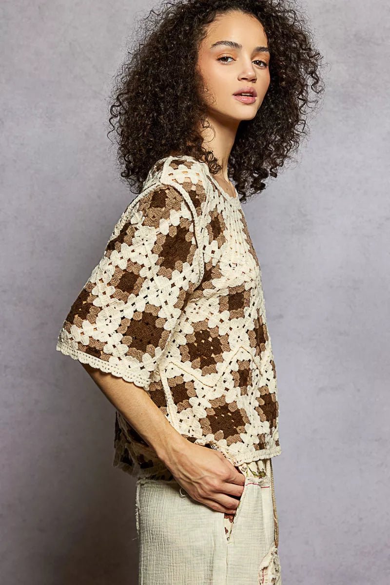 POL Round Neck Short Sleeve Color Pattern Crochet Top with Border Accents - Bitsy Gypsy Boutique