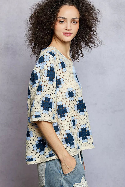 POL Round Neck Short Sleeve Color Pattern Crochet Top with Border Accents - Bitsy Gypsy Boutique