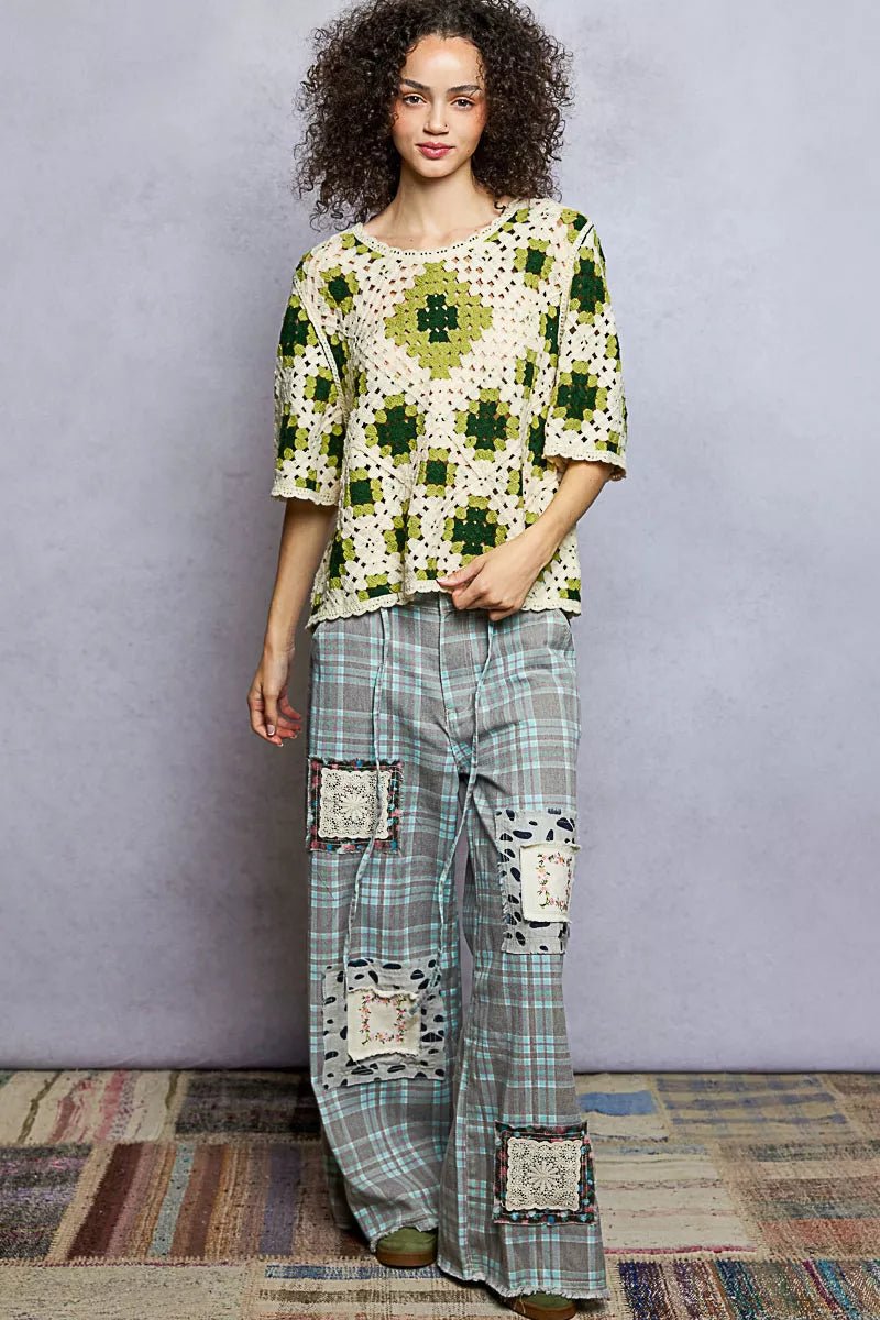 POL Round Neck Short Sleeve Color Pattern Crochet Top with Border Accents - Bitsy Gypsy Boutique