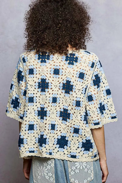POL Round Neck Short Sleeve Color Pattern Crochet Top with Border Accents - Bitsy Gypsy Boutique